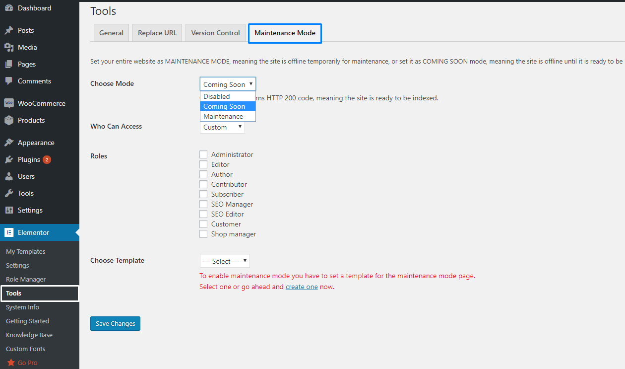 elementor maintenance mode settings