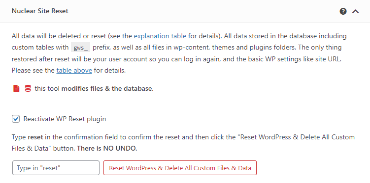 WP Reset Nuclear Reset option
