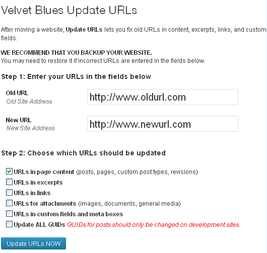 velvet blues update urls settings