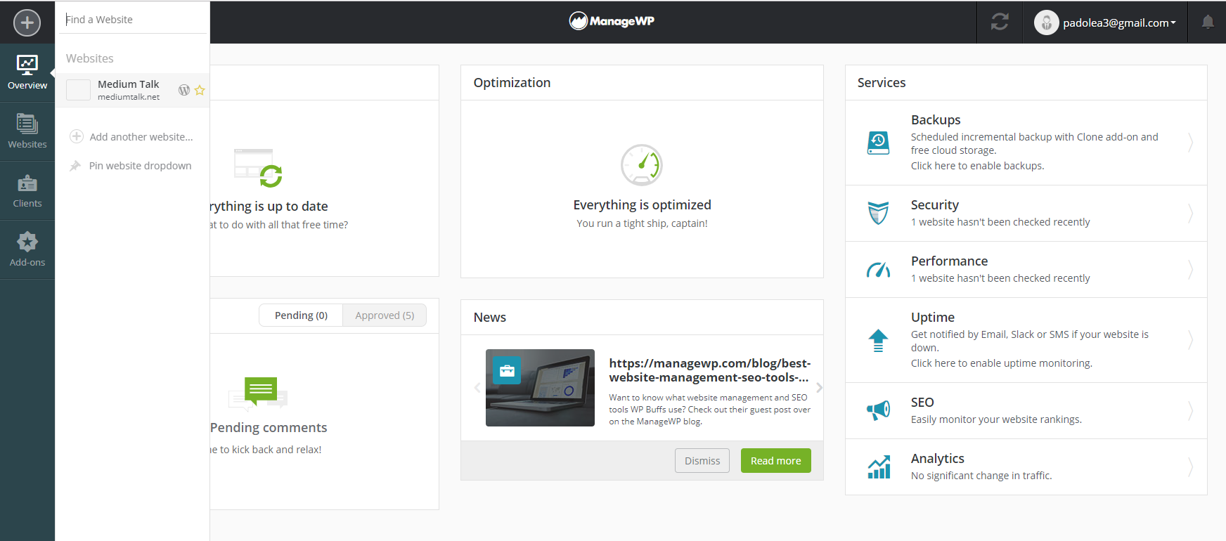 ManageWP dashboard