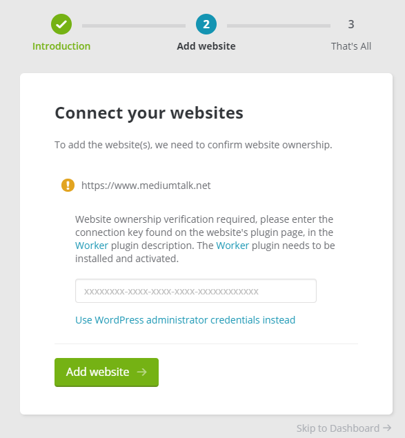 Connect your website ManageWP