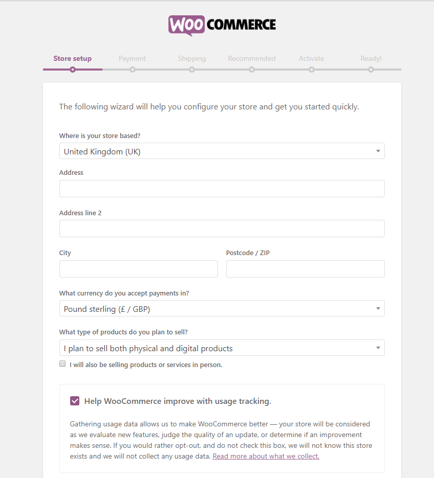 woocommerce wizard - Set up WooCommerce