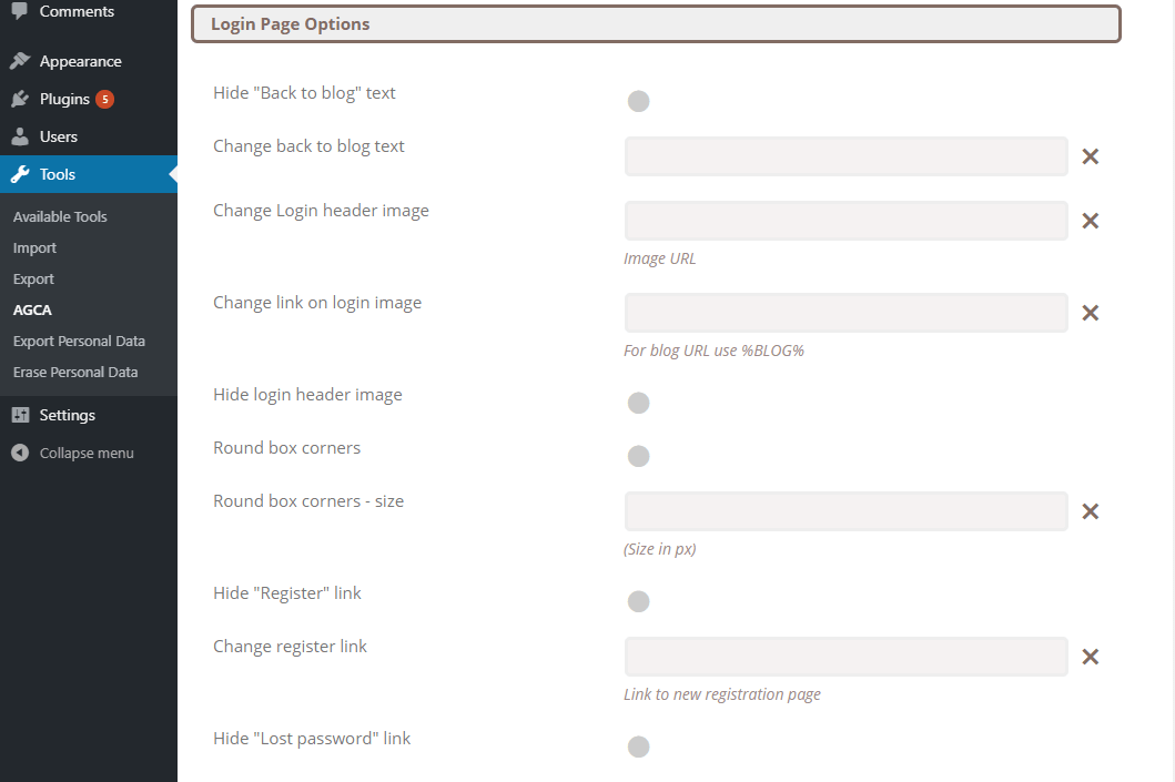 AGCA login page settings