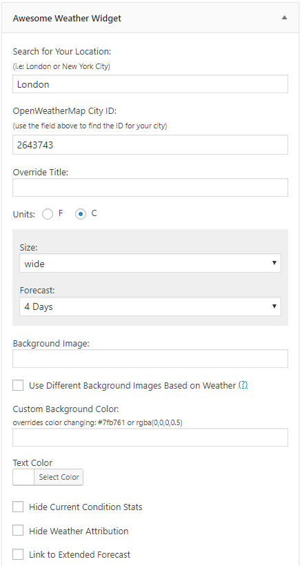 Awesome weather widget settings