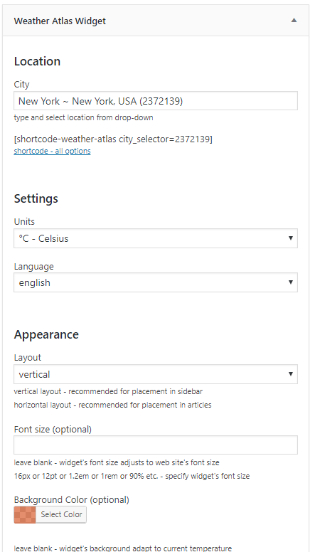 Weather atlas widget settings
