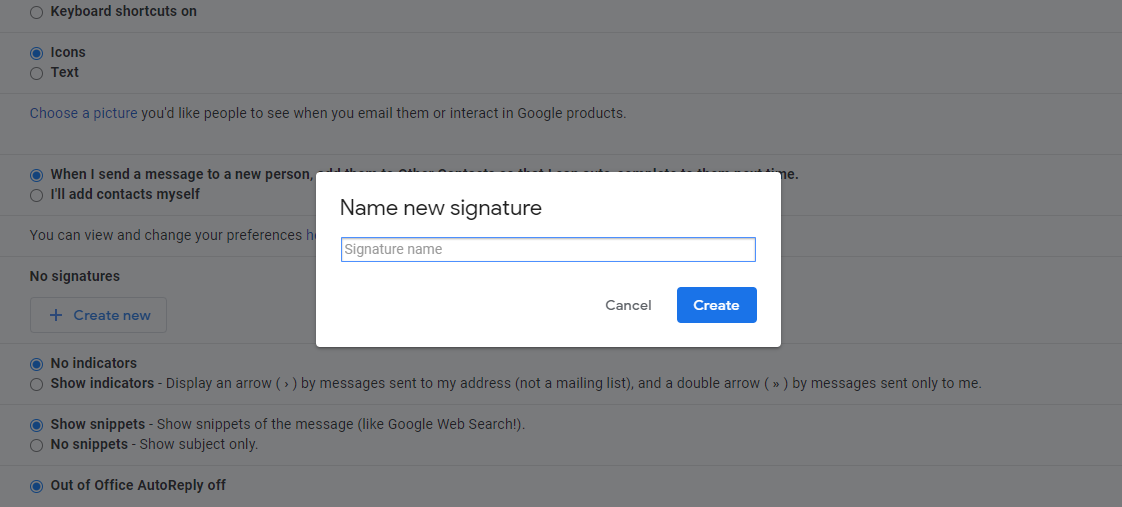 Create new signature tab