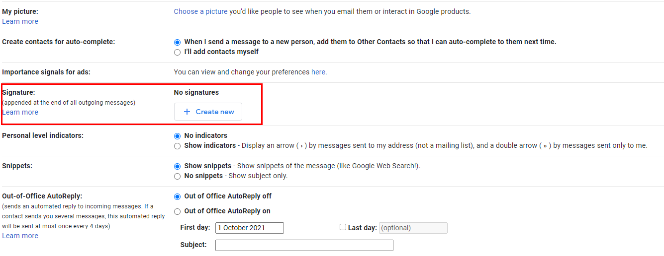 Gmail signature settings